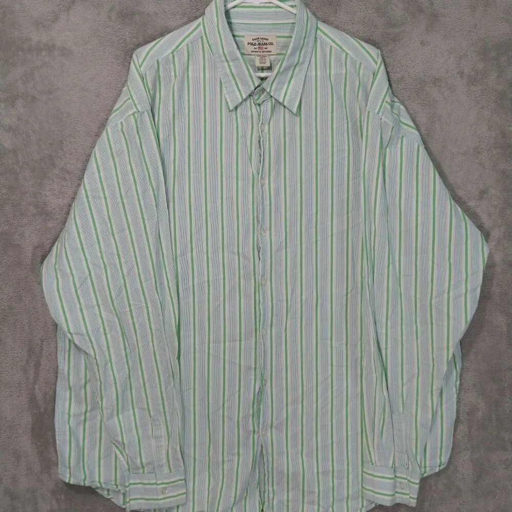 Polo Jeans Co Ralph Lauren Shirt Mens 3XT Green Striped Long Sleeve Button Up - Picture 1 of 9